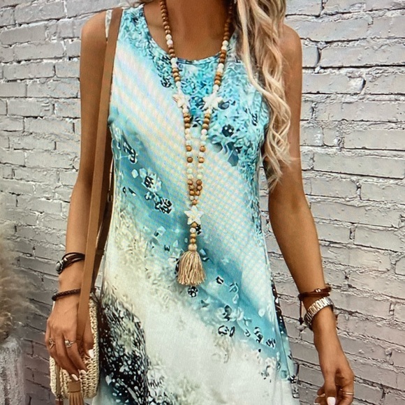 knees length blue abstract tank dress crew neck New - Picture 1 of 2